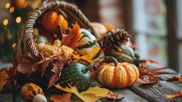 A closeup of a rustic cornucopia centerpiece overflowing with gourds pumpkins and colorful fall leaves adding a festive touch to the Thanksgiving table photo