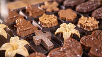A tray of handmade Easter chocolates molded into intricate designs such as crosses lilies and doves and dusted with edible shimmer photo
