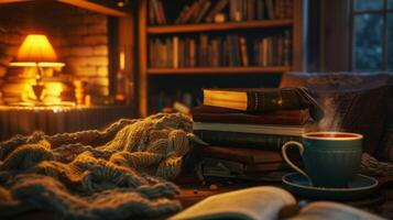 A pile of books and a mug of coffee ready for a cozy evening in as a father enjoys a moment of relaxation on his special day photo