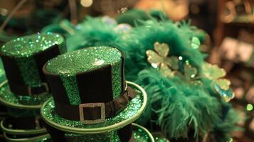 A pile of green felt top hats with black ribbon bands p on a table alongside feathered headbands and glittery shamrock pins for revelers to purchase photo