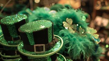 un pila de verde sintió parte superior sombreros con negro cinta bandas pags en un mesa junto a plumado diademas y reluciente trébol patas para juerguistas a compra foto