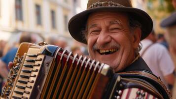 A closeup of a traditional German accordion player with a wide grin on his face as he plays a lively tune for the festive crowds photo