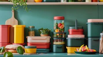 A display of stylish yet functional lunch boxes thermoses and water bottles all boasting features to keep food and drinks at their optimal temperature photo