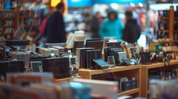 A display table piled with discounted electronics attracting shoppers with the promise of a good deal photo