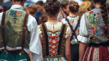 A group of people wearing lederhosen and dirndls adorned with intricate embroidery and traditional patterns photo