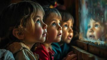 A group of children engrossed in a puppet show their faces reflecting awe and wonder photo