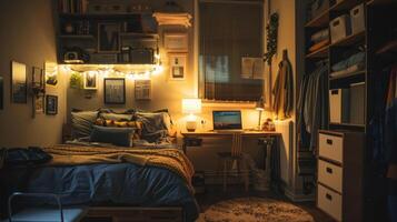 A display of dorm room essentials such as bedding sets desk lamps and storage bins for college students to create a cozy and functional living space photo