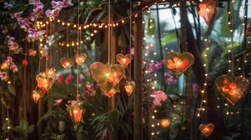 un caprichoso jardín de amor completar con cascada en forma de corazon flores y un pabellón de abadejo hada luces foto