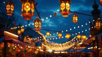 The warm glow of hanging lanterns against a dark blue sky creates a cozy and inviting atmosphere for an evening of Oktoberfest festivities photo