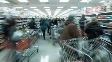 A blur of hands as shoppers frantically grab items off the shelves trying not to miss out on the limitedquantity deals photo
