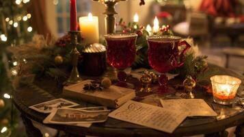 A table set for a night of caroling with songbooks jingle bells and mugs of hot mulled wine. Handwritten notes from loved ones and photographs of joyful memories adorn th photo