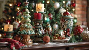 A table dedicated to showcasing Christmas traditions from different eras with vintage ornaments candles and a retrostyle tree topper. This display is a tribute to the endurin photo