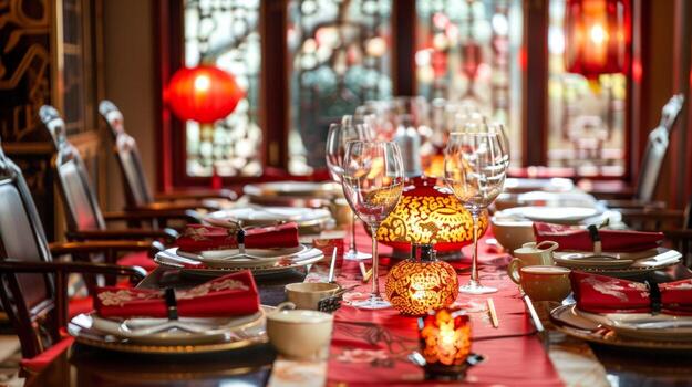 The table is adorned with red and gold table runners representing happiness and wealth while intricate paper outs of intricate designs and patterns decorate the walls addin photo