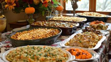 Tables are adorned with an array of homemade dishes each one a labor of love representing a unique blend of cultural and family traditions on Thanksgiving photo