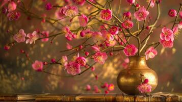 A centerpiece of fresh blooming plum blossoms in a golden vase is a symbol of resilience and hope representing the overcoming of challenges and embracing new beginnings i photo