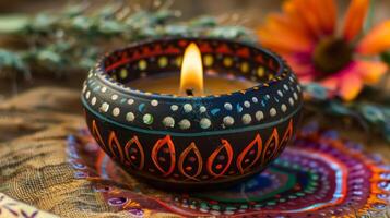 A closeup of a handpainted diya showcasing the skilled craftsmanship and attention to detail put into each one for the festival photo