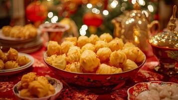 Golden dumplings symbolizing wealth and prosperity were p on the table ready to be shared with family and friends as part of the Chinese New Year festivities photo