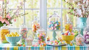 un caprichoso temática de pascua caramelo buffet presentando un surtido de vistoso golosinas en frascos y bochas se sienta en un mesa cubierto en un llamativo en cuadrícula Manteles. cliente foto