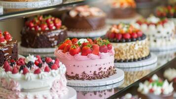 A local bakery is buzzing with activity as bakers work tirelessly to create beautiful custommade cakes for Mothers Day celebrations. The display case is filled with a variet photo