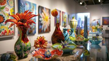 A table filled with vibrant paintings and intricate sculptures offers unique and oneofakind gifts for artloving mothers. These pieces showcase various styles and technique photo