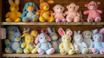 Small plush toys and stuffed animals in the shape of bunnies and chicks sit on top of shelves tempting children and adults alike with their e and cuddly appearances photo