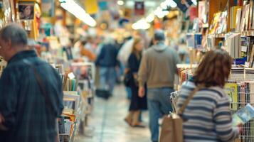 Greeting card aisles are crowded with people browsing through a wide selection of cards ranging from sentimental to humorous to find the perfect words for their loved ones photo
