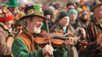 Crowds gather in celebrations with lively music and dancing often featuring the traditional Irish instrument the fiddle photo