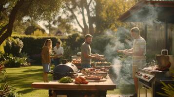 The enticing smell of grilled meats and vegetables wafting through the air as families prepare for their backyard barbecues photo