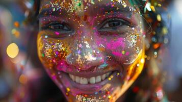 juerguistas tener su caras adornado con brillante cara pintar y Brillantina agregando a el festivo atmósfera de el celebraciones foto