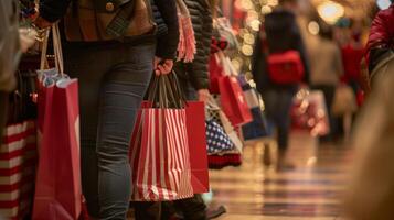 People bustling around balancing multiple shopping bags filled with items for their holiday gatherings as they search for the perfect patriotic touches photo