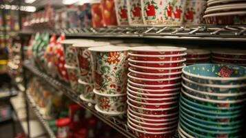 Themed paper plates cups and napkins stacked high on shelves allowing for easy cleanup after the festivities are over photo