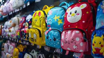 Brightly colored backpacks adorned with cartoon characters or trendy patterns photo