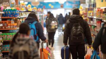 The steady stream of parents and students leaving the store loaded down with bags and carts full of supplies photo
