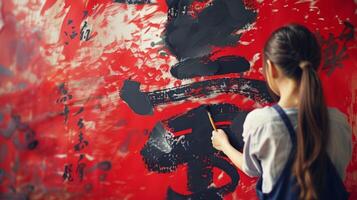 A young girl carefully paints a black Chinese character on a red background creating intricate calligraphy to decorate her home for the holiday photo