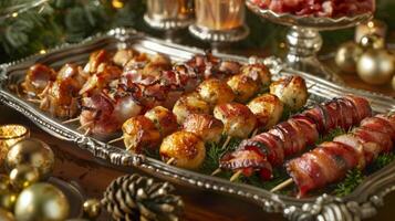 A platter of decadent hors doeuvres including bitesized crab cakes and savory baconwrapped dates sits temptingly on a silver tray photo