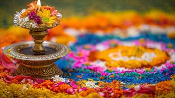 A traditional oil lamp or diya adorned with flowers and p on a bed of colorful rangoli designs photo