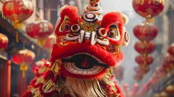 A closeup of a red and gold lion dance costume adorned with intricate details and representing strength and good luck as it performs in the streets photo