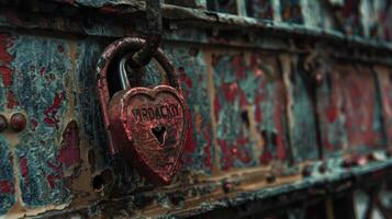 An intricately designed love lock inscribed with initials and a special date attached to a bridge as a symbol of everlasting love on Valentines Day photo