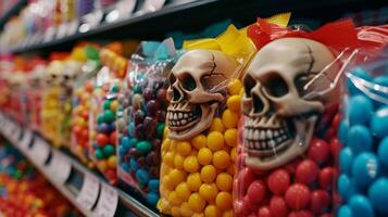 A display of colorful candy bags with the top one showcasing a grinning skeleton face photo