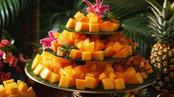 A variety of exotic fruits such as juicy mangoes and succulent pineapple chunks are displayed on a tiered platter symbolizing abundance and good luck for the new year photo