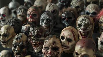A collection of gruesome masks ranging from y zombies to menacing clowns photo