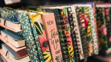 A display of journals and planners labeled New Year New Goals and featuring inspirational quotes and prompts to help individuals start the year off on a positive note photo