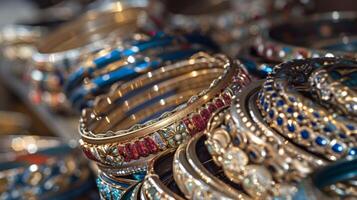 A stack of Artistic bangles displayed at a market stall waiting to be purchased for the festive celebrations of Eid alFitr photo