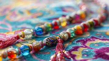 A closeup of a colorful prayer bead set known as a tasbih often gifted to loved ones as a symbol of spiritual blessings during Eid alFitr photo