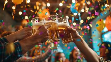 A group of friends clinking their steins together in a cheerful toast with colorful Oktoberfest decorations surrounding them photo