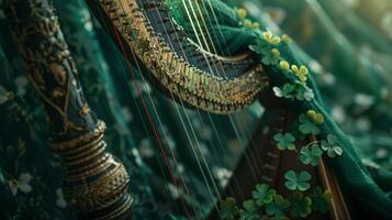 A closeup of a traditional Irish harp adorned with green ribbons and a sprig of lucky fourleaf clovers set against a backdrop of shamrockstudded fabric photo