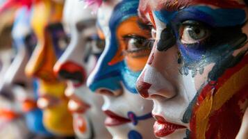 A line of vividly painted faces each representing a different character or theme eagerly waiting to take part in the festivities photo