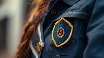 A closeup of a school uniform with new patches carefully sewn on signaling the beginning of a new grade level photo