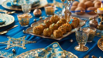 Vibrant blue and gold table linens create a regal atmosphere accented by traditional Hanukkah symbols like the Star of David and the menorah. Platters of hot falafel hummu photo