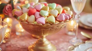 A golden bowl filled with overflowing candy hearts adds a playful twist to the table invoking feelings of nostalgia and childhood memories photo